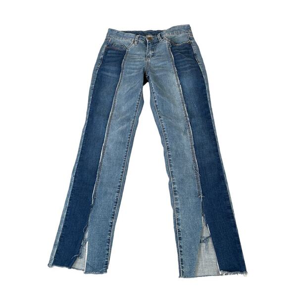 Blank NYC jeans two tone denim 70's front hem slit frayed bottom cropped SZ 28" - Picture 2 of 8